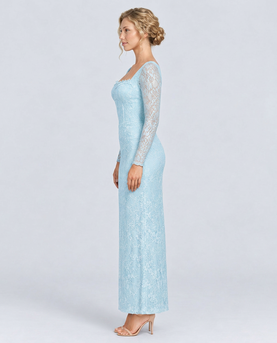 Trudy | Satin-Look Lace-Up Corset Maxi Dress with Lace Sleeves