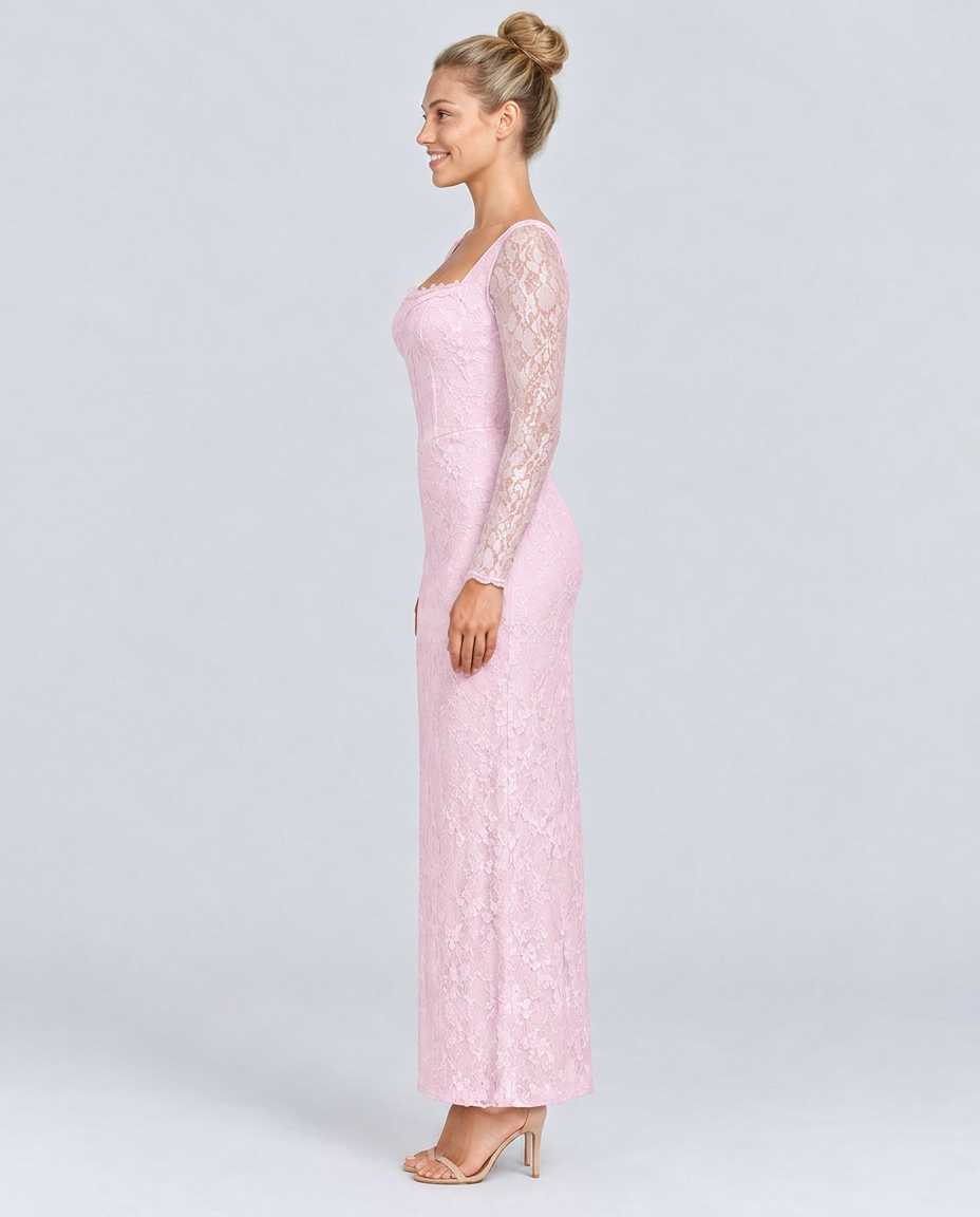 Trudy | Satin-Look Lace-Up Corset Maxi Dress with Lace Sleeves