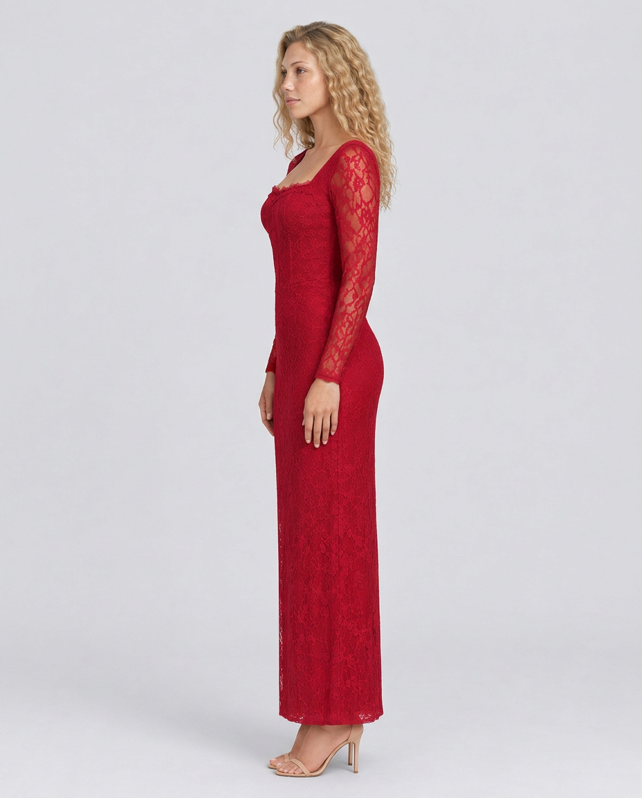 Trudy | Satin-Look Lace-Up Corset Maxi Dress with Lace Sleeves