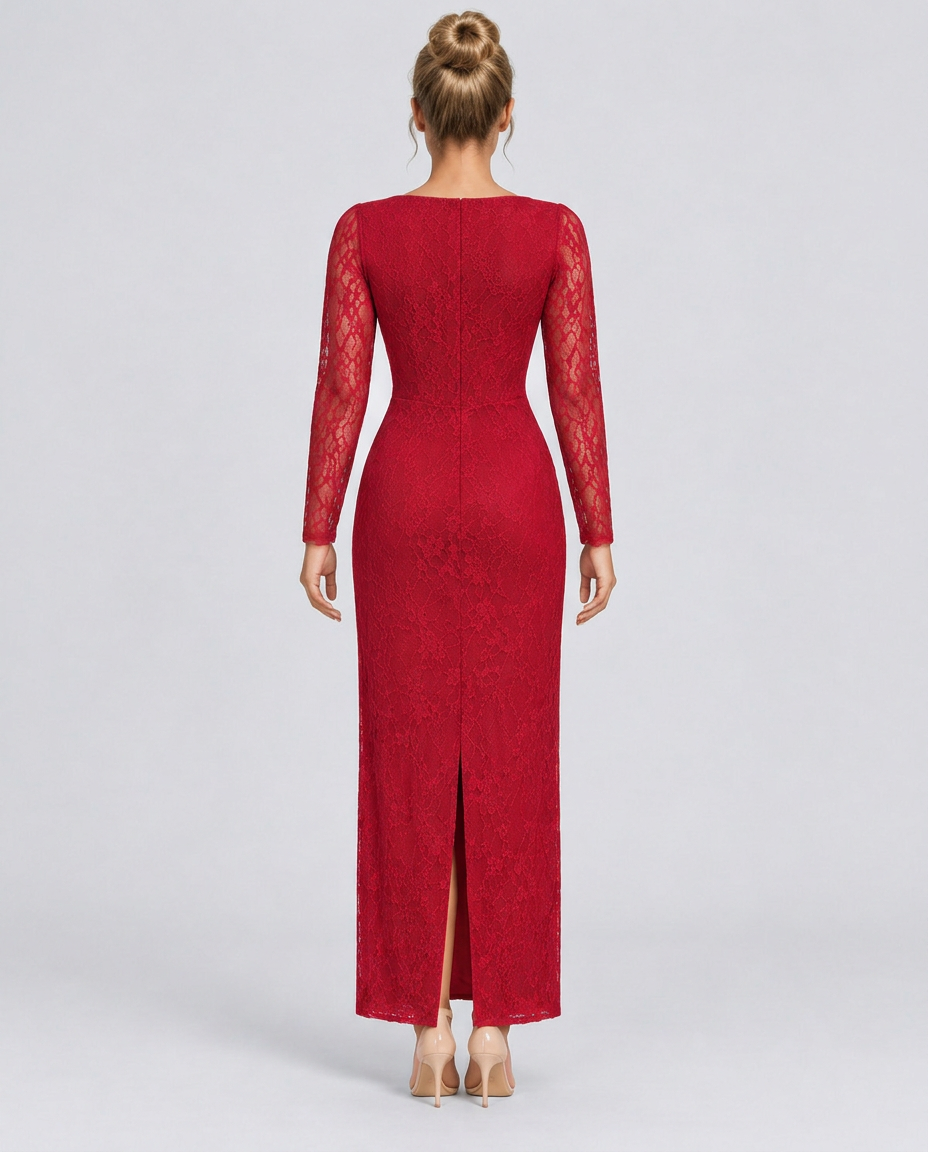 Trudy | Satin-Look Lace-Up Corset Maxi Dress with Lace Sleeves