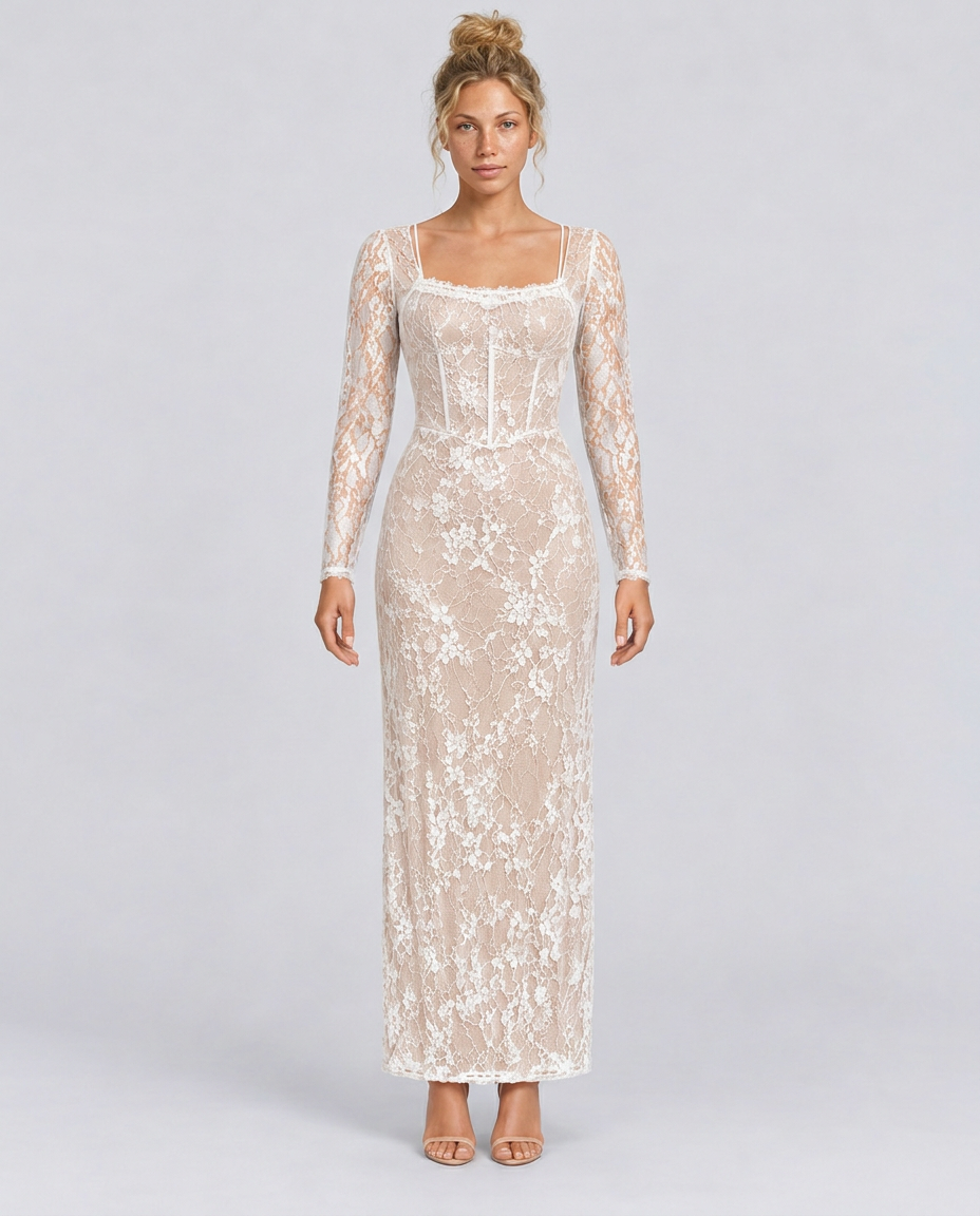 Trudy | Satin-Look Lace-Up Corset Maxi Dress with Lace Sleeves