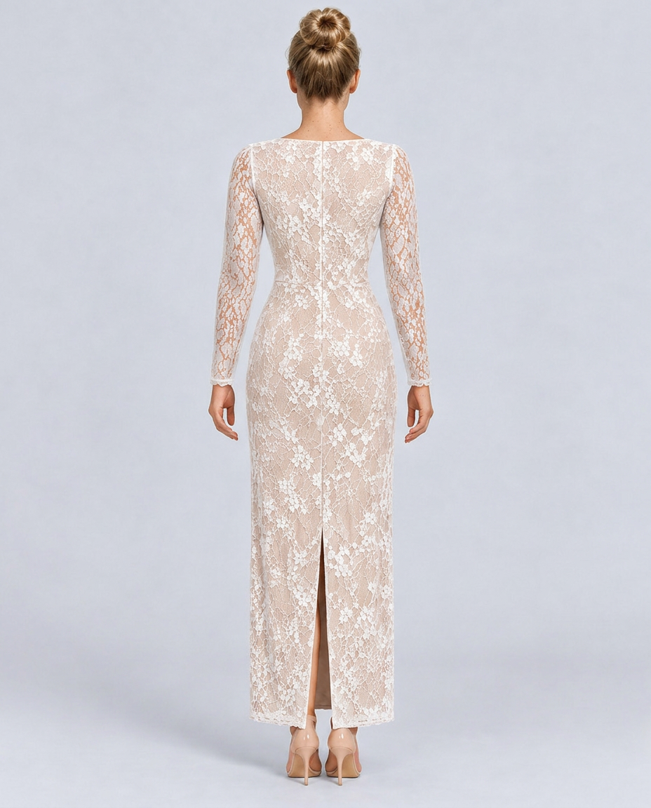 Trudy | Satin-Look Lace-Up Corset Maxi Dress with Lace Sleeves