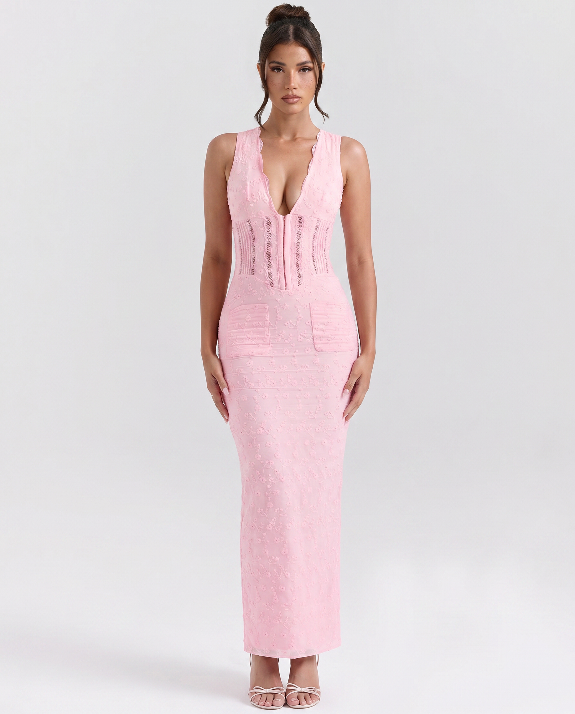 Women's Lace Maxi Dress Plunge Neck Fitted Corset Detail Jocelyn