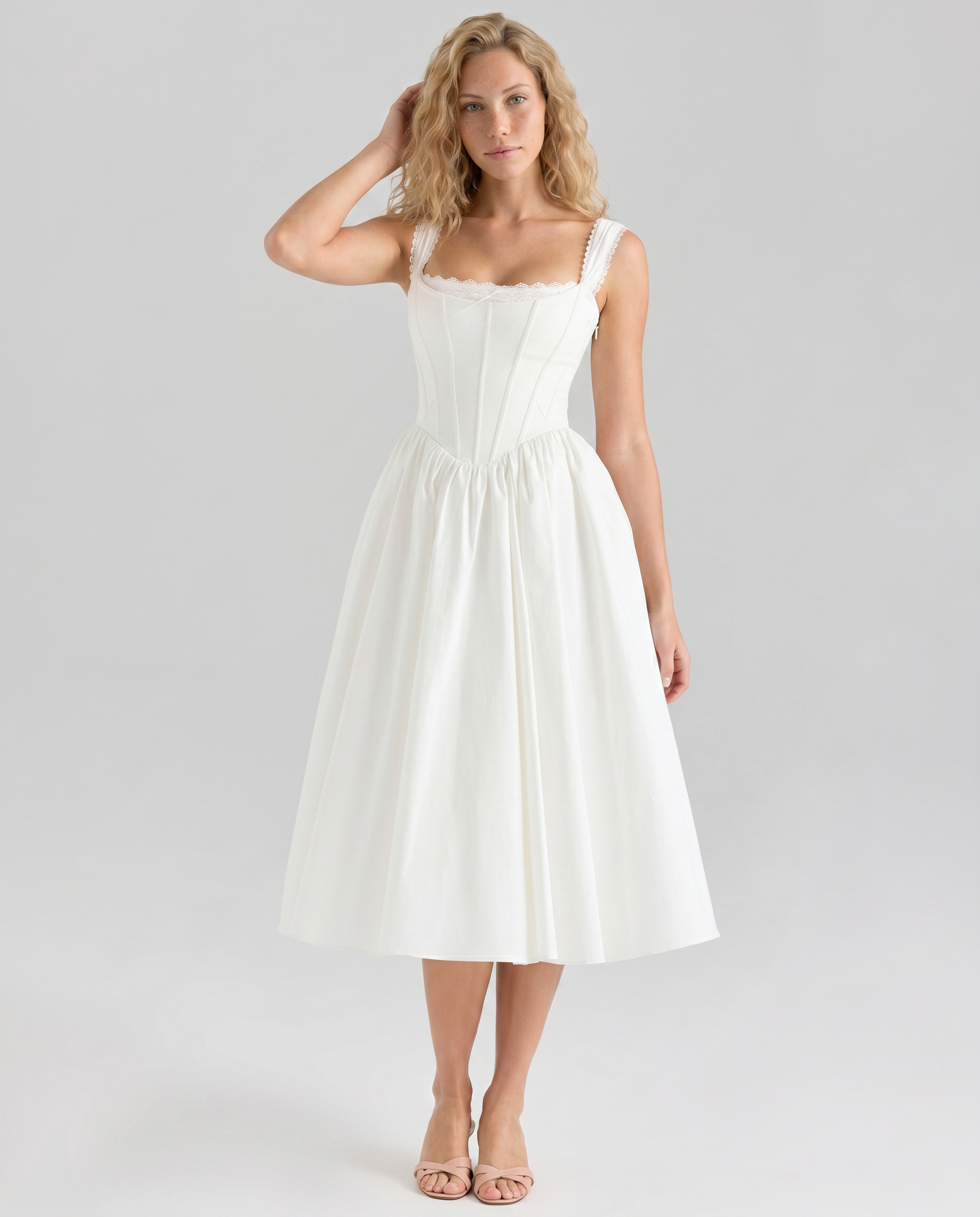 Women's Corset Midi Dress Lace Trim Fitted Bodice Allena