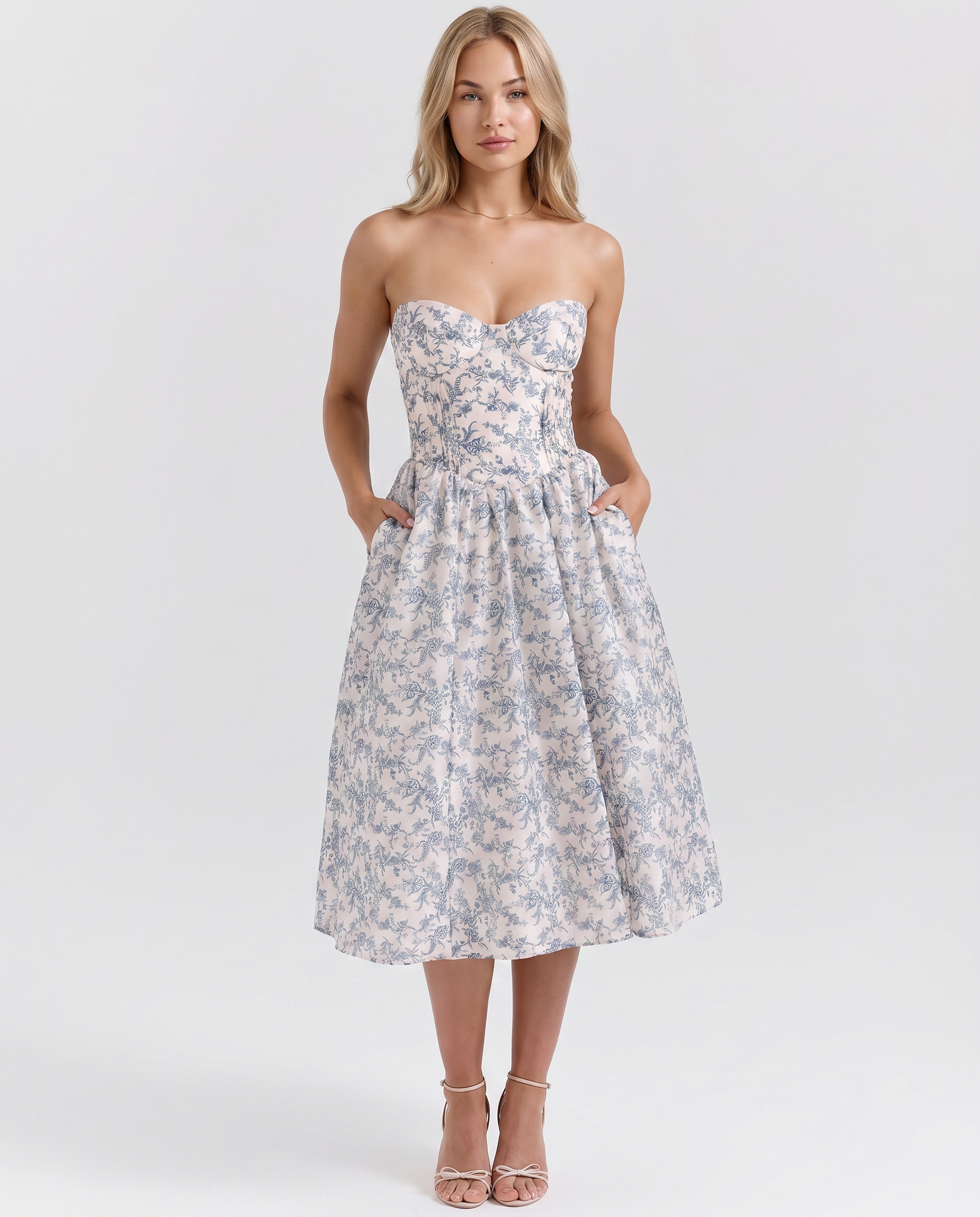 corset strapless midi dress Women's Strapless Corset Midi Dress Floral Print Claudia