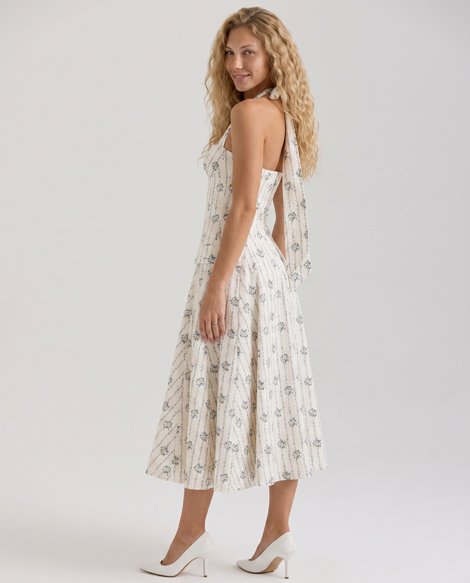 Alisha | Floral Halter Neck Midi Dress with Button Detail