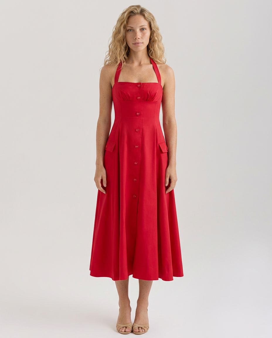 Alisha | Floral Halter Neck Midi Dress with Button Detail