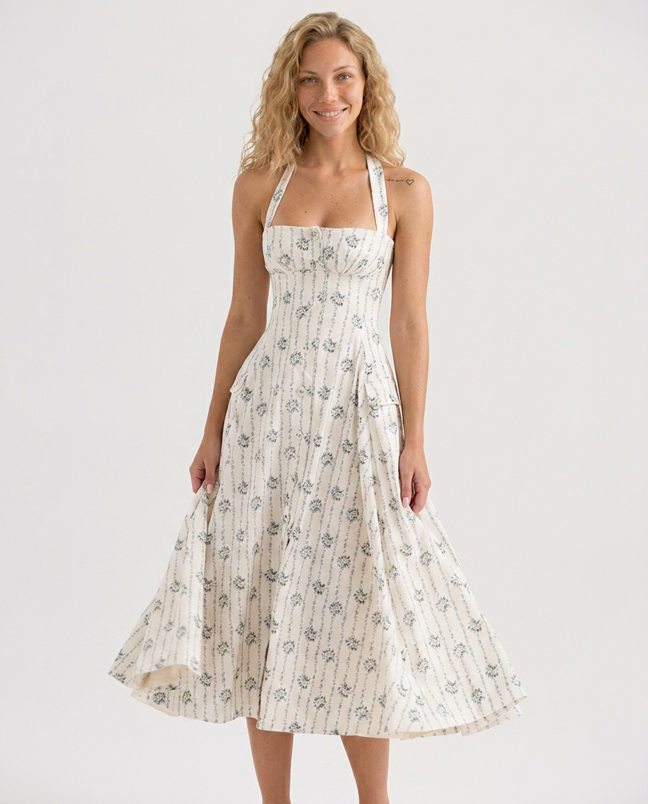 Alisha | Floral Halter Neck Midi Dress with Button Detail