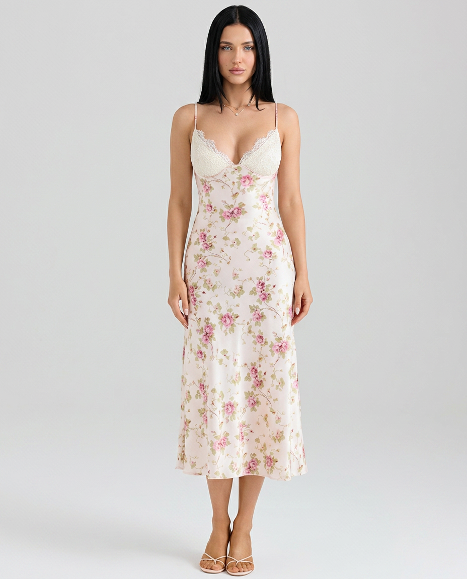 Women's Satin Look Floral Midi Dress Lace Bust Bias Cut Hollie