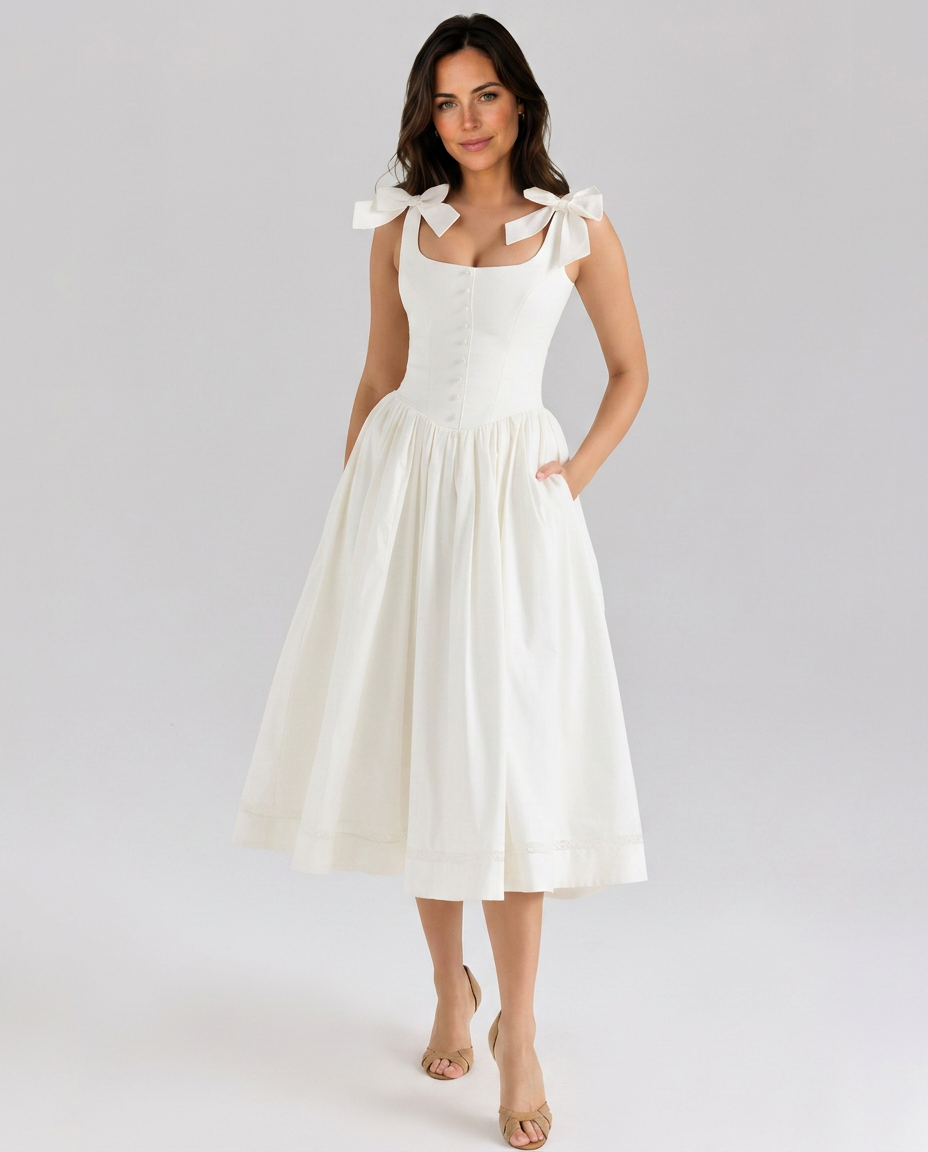 Women's Bow Strap Midi Dress Square Neck A-Line Saundra