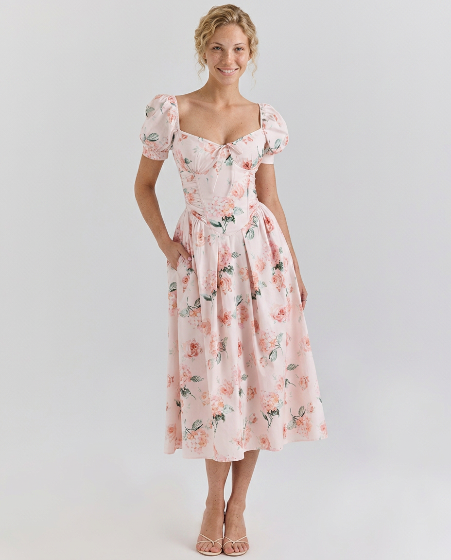 Women's Floral Midi Dress Puff Sleeve Corset Kaye