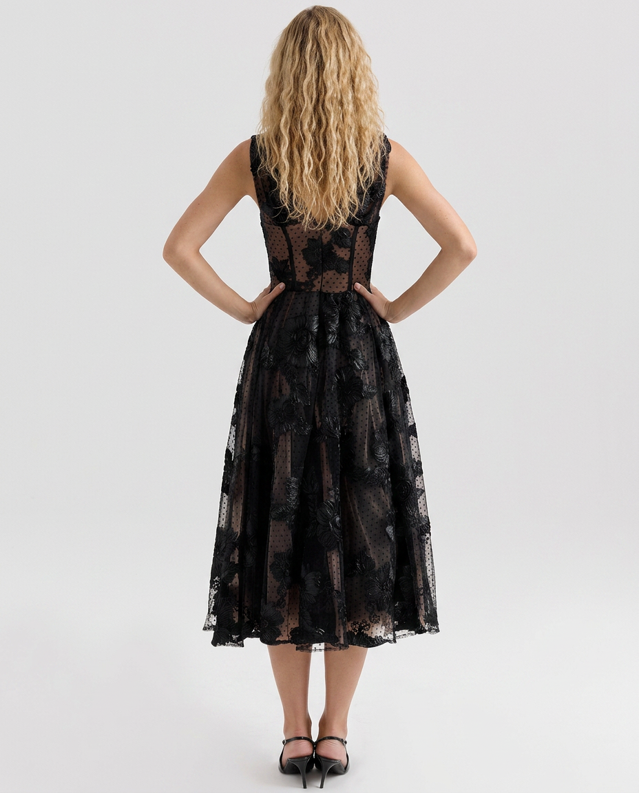 Addie | Embroidered Tulle Corset Midi Dress