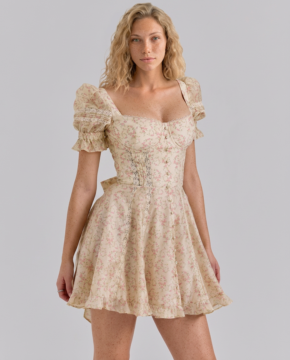 Lelia | Floral Puff Sleeve Mini Dress with Ruffle Hem