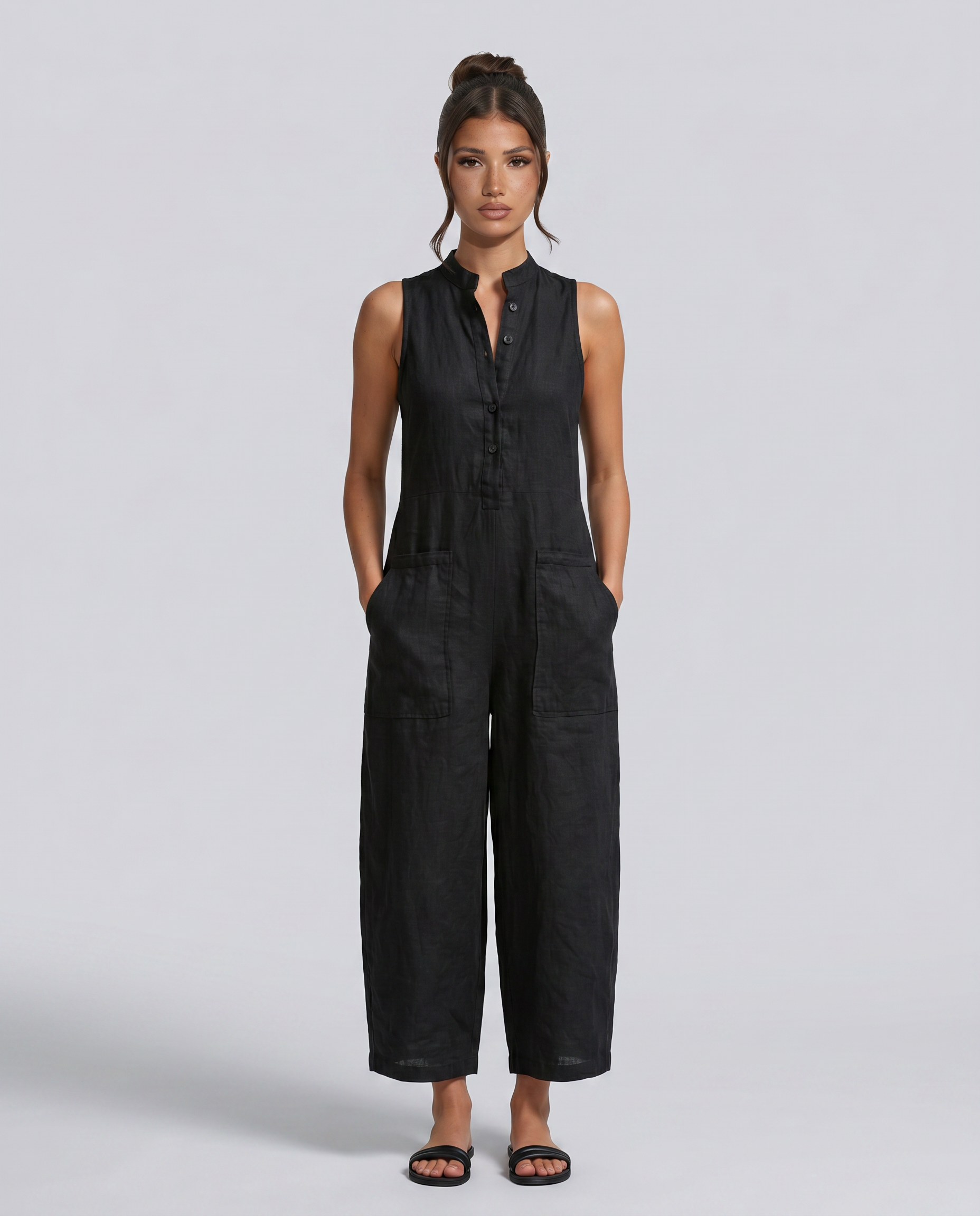 Renee | Sleeveless Button-Up Linen-Blend Jumpsuit