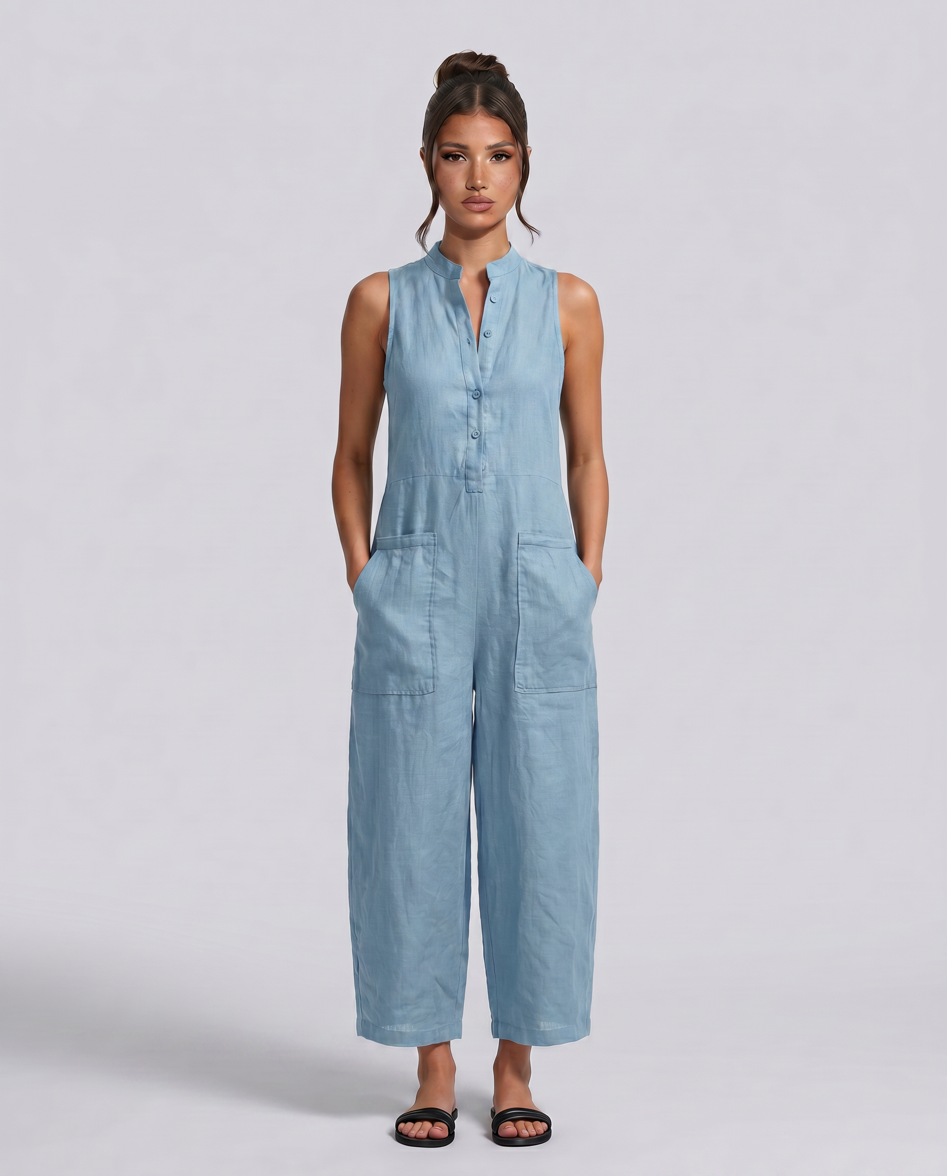 Renee | Sleeveless Button-Up Linen-Blend Jumpsuit