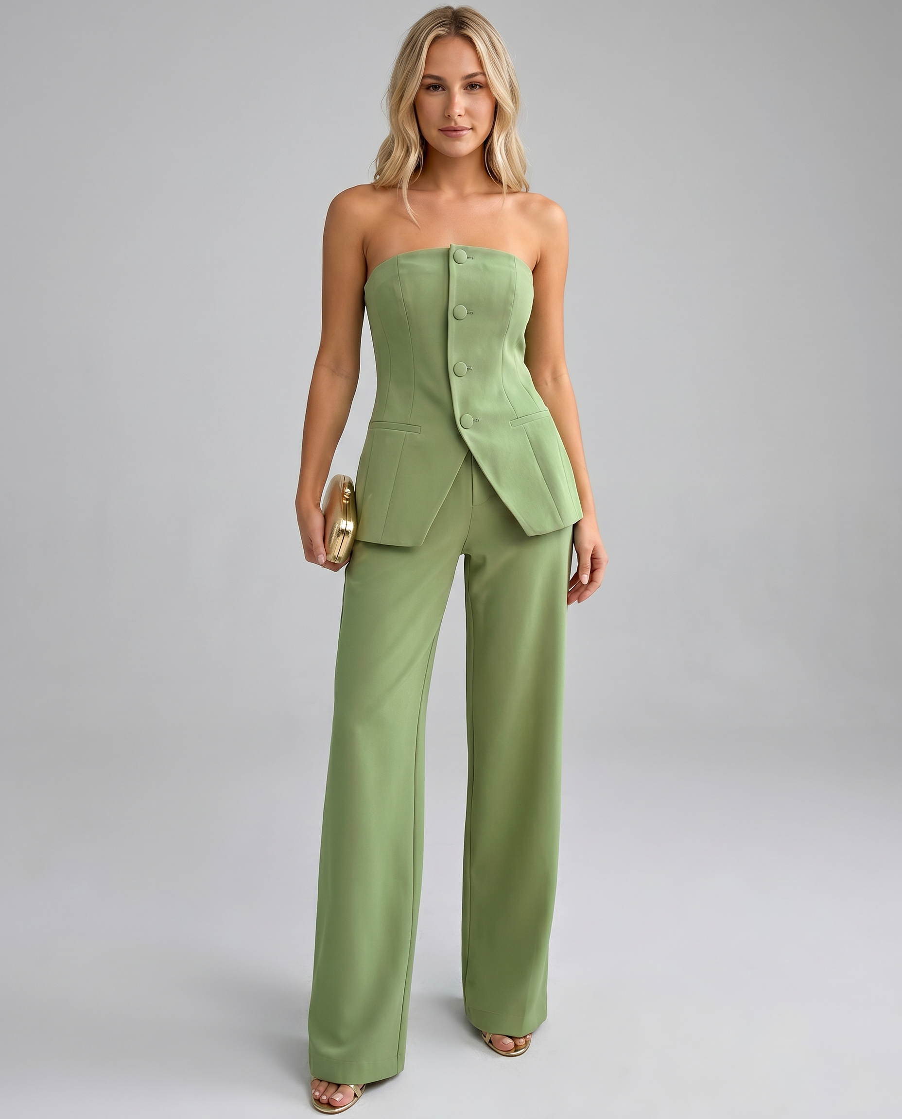 Women's Strapless Bustier Top and Wide Leg Trouser Set Wendy