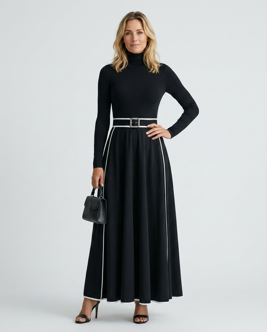 Audra | High-Neck Maxi Dress with Contrast Trim and Belt