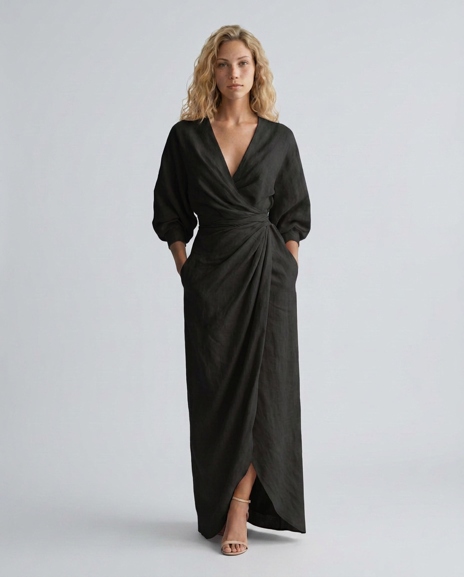 Women's Linen Blend V Neck Maxi Dress Alyssa