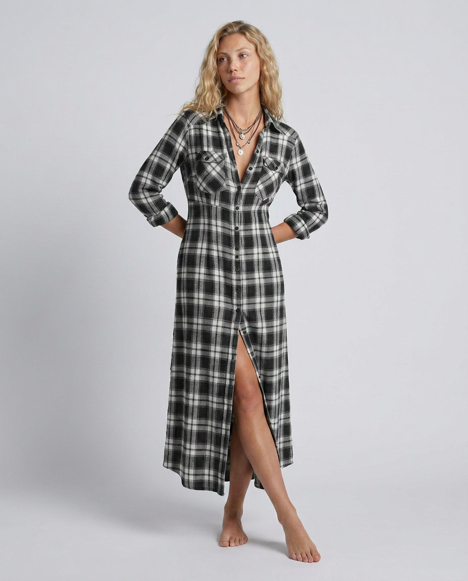 Women's Plaid Shirt Maxi Dress Button Front Marta