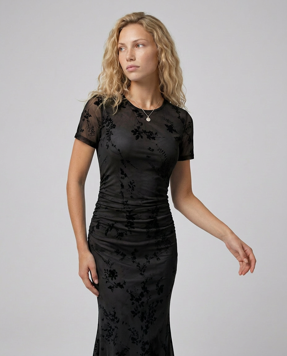 Liana | Floral Waist-Cinching Mesh Midi Dress