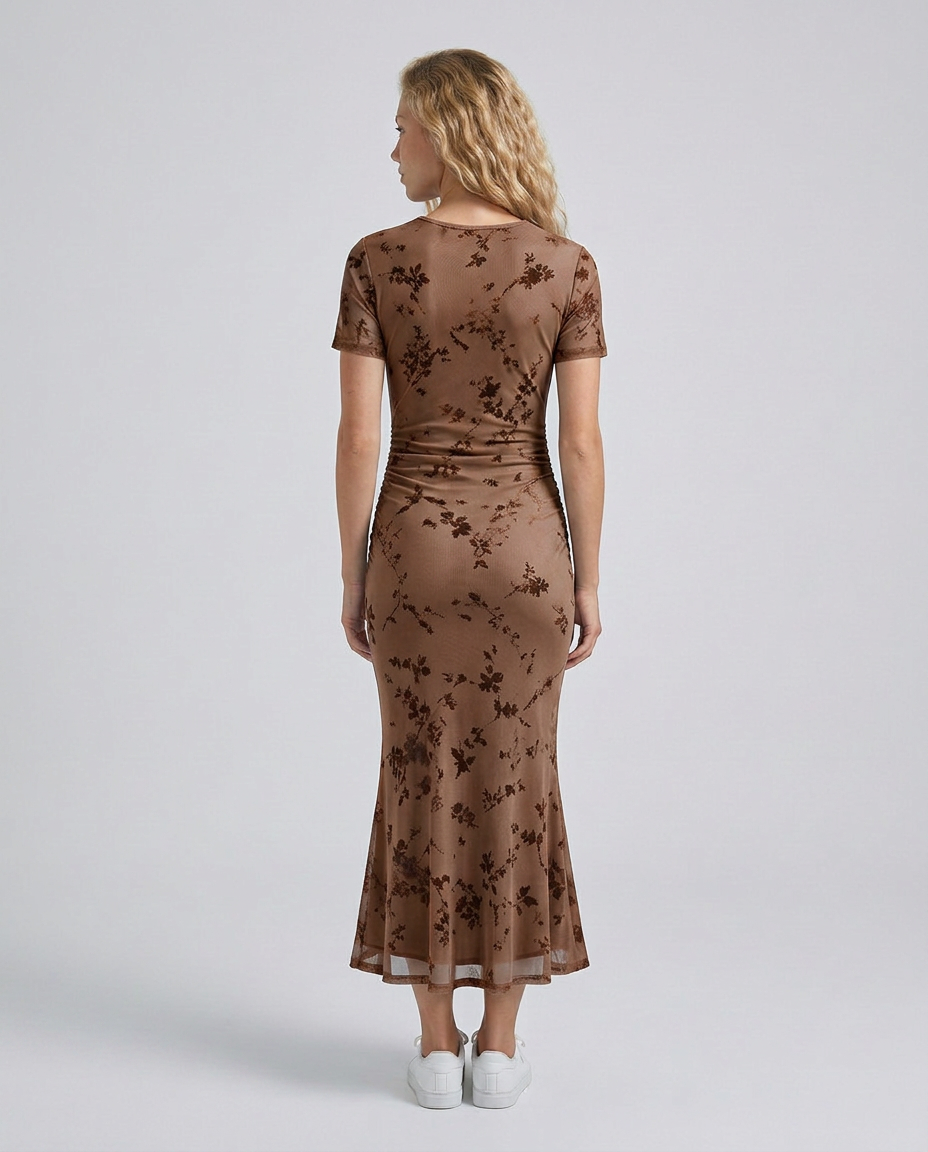 Liana | Floral Waist-Cinching Mesh Midi Dress