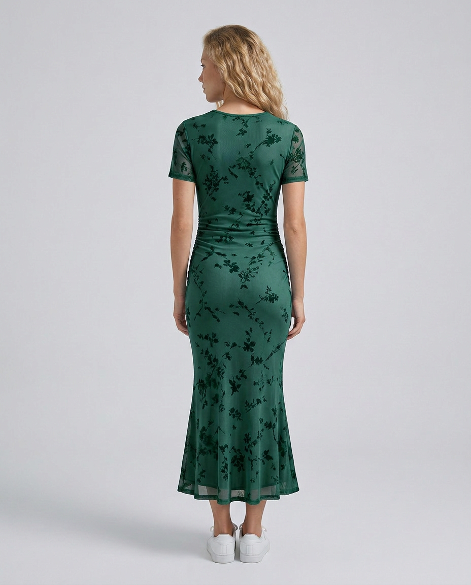 Liana | Floral Waist-Cinching Mesh Midi Dress