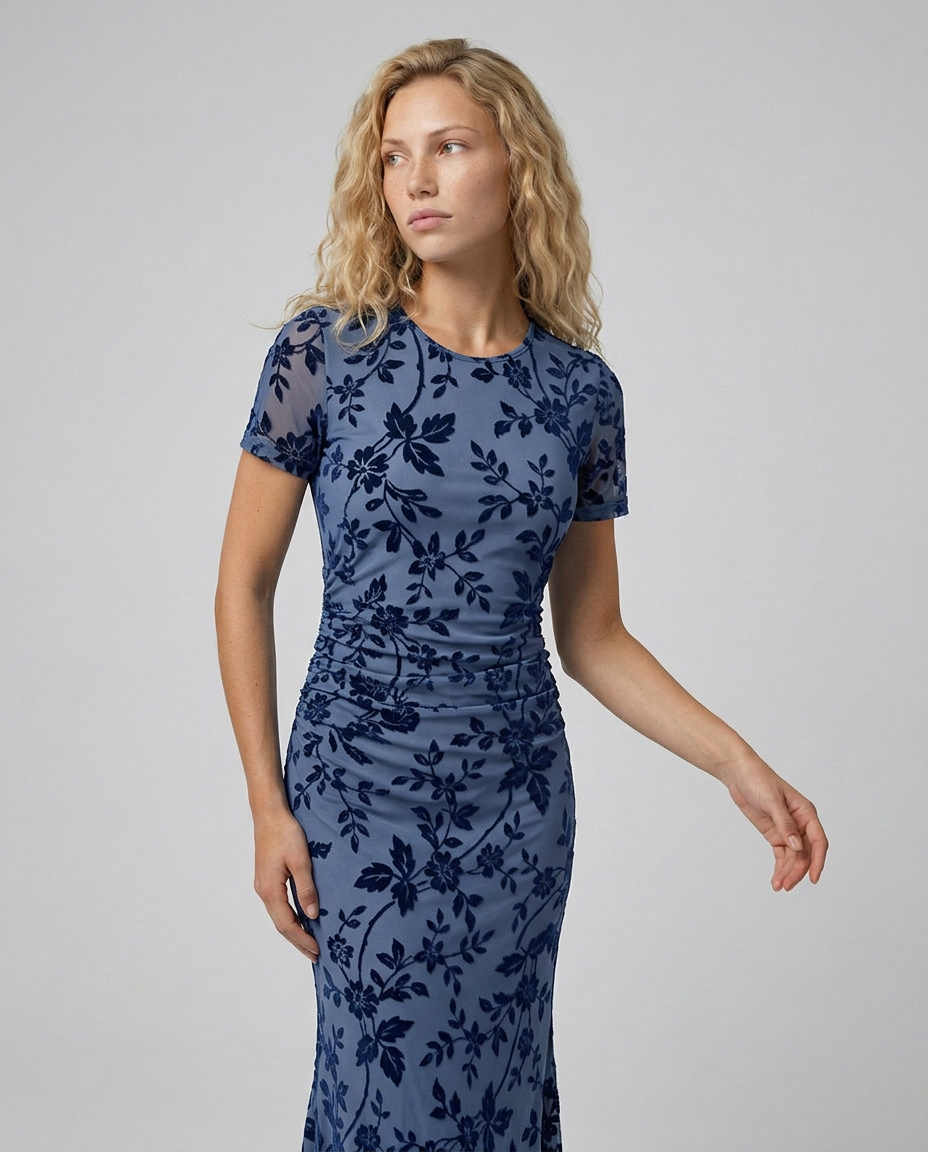 Liana | Floral Waist-Cinching Mesh Midi Dress
