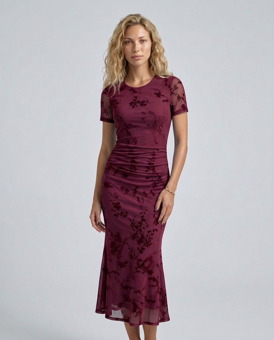 Liana | Floral Waist-Cinching Mesh Midi Dress