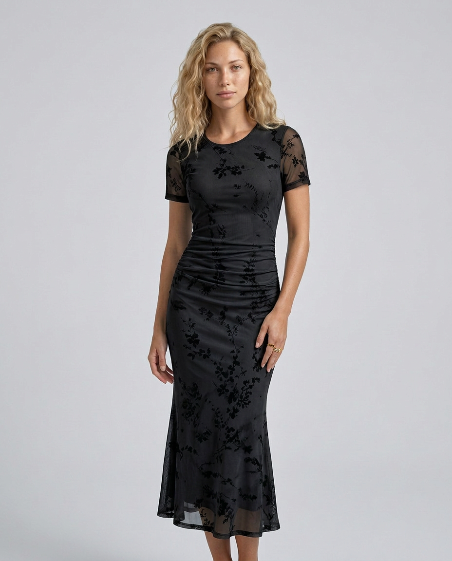 Liana | Floral Waist-Cinching Mesh Midi Dress