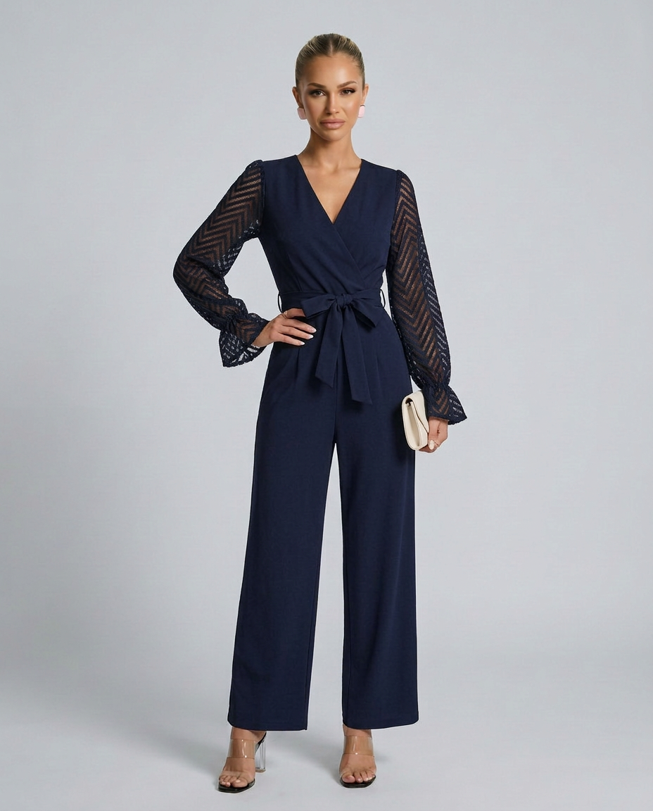 Susie | Wrap Jumpsuit with Sheer Sleeves and Waist Tie