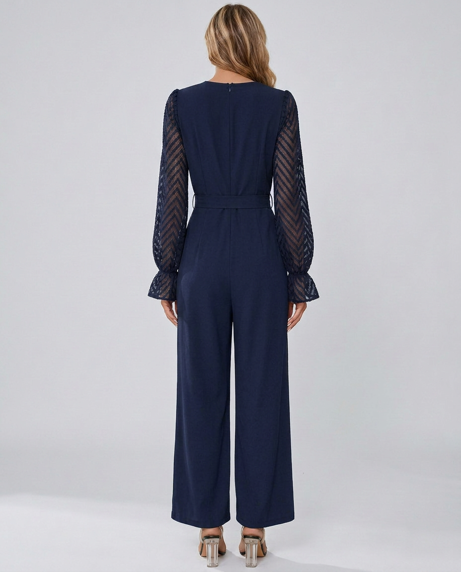 Susie | Wrap Jumpsuit with Sheer Sleeves and Waist Tie