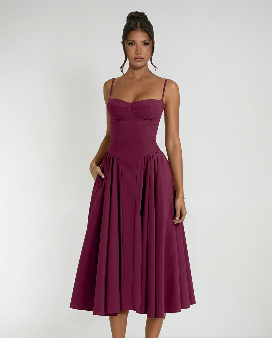 Women's Corset Midi Dress Square Neck Sleeveless