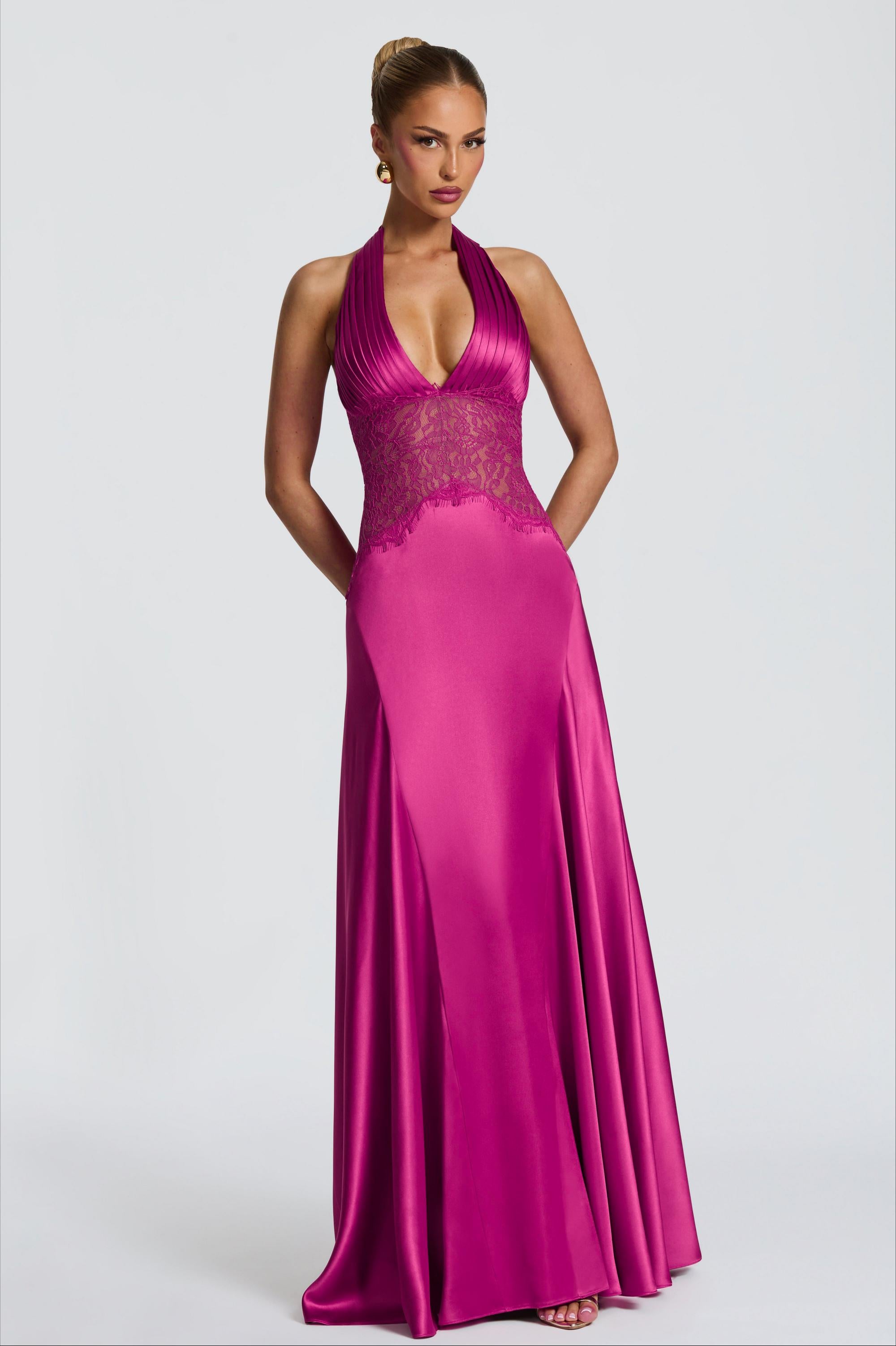 Quinn | Satin Splicing Lace Halter Pleated Maxi Dress