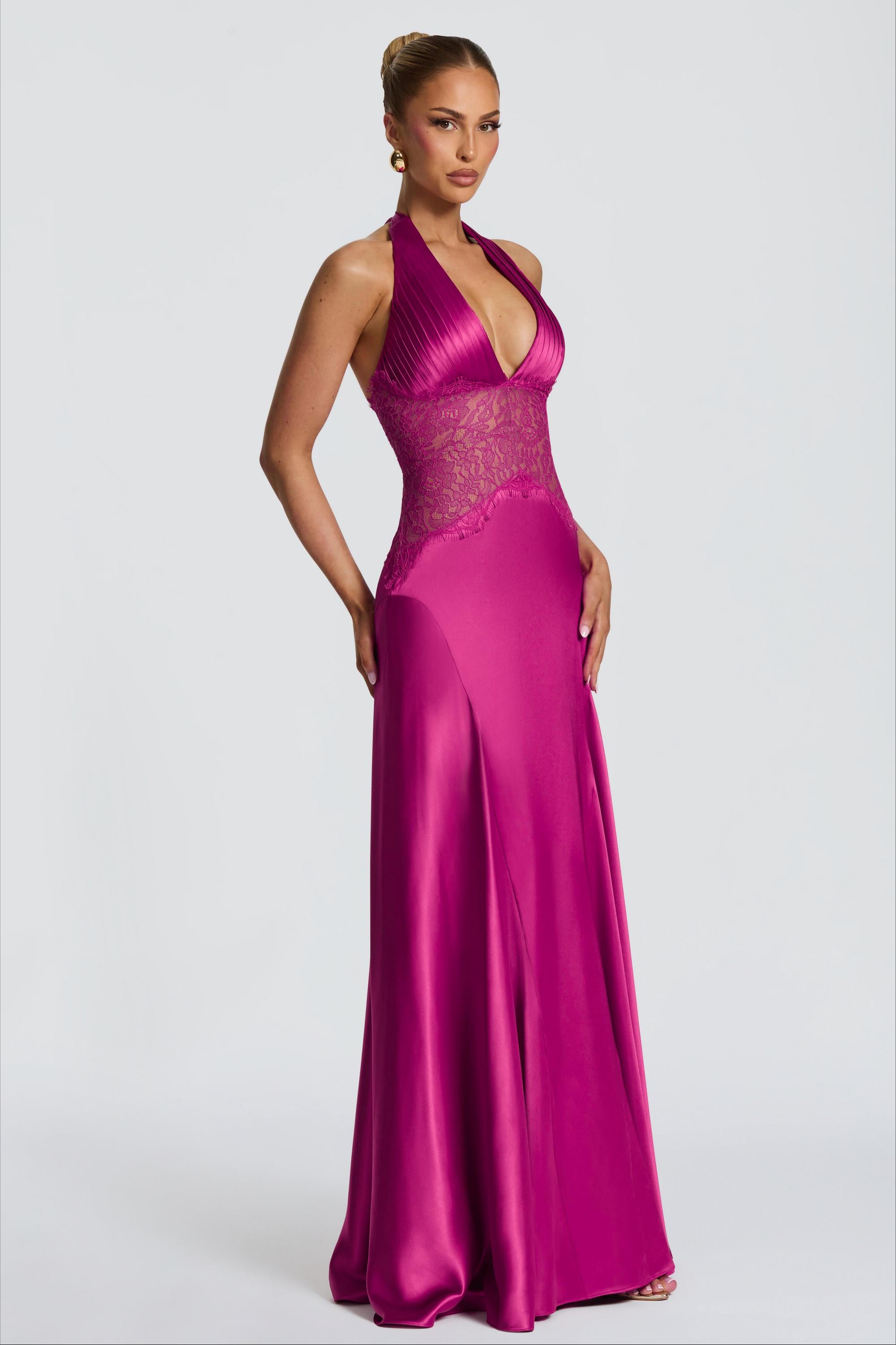 Quinn | Satin Splicing Lace Halter Pleated Maxi Dress