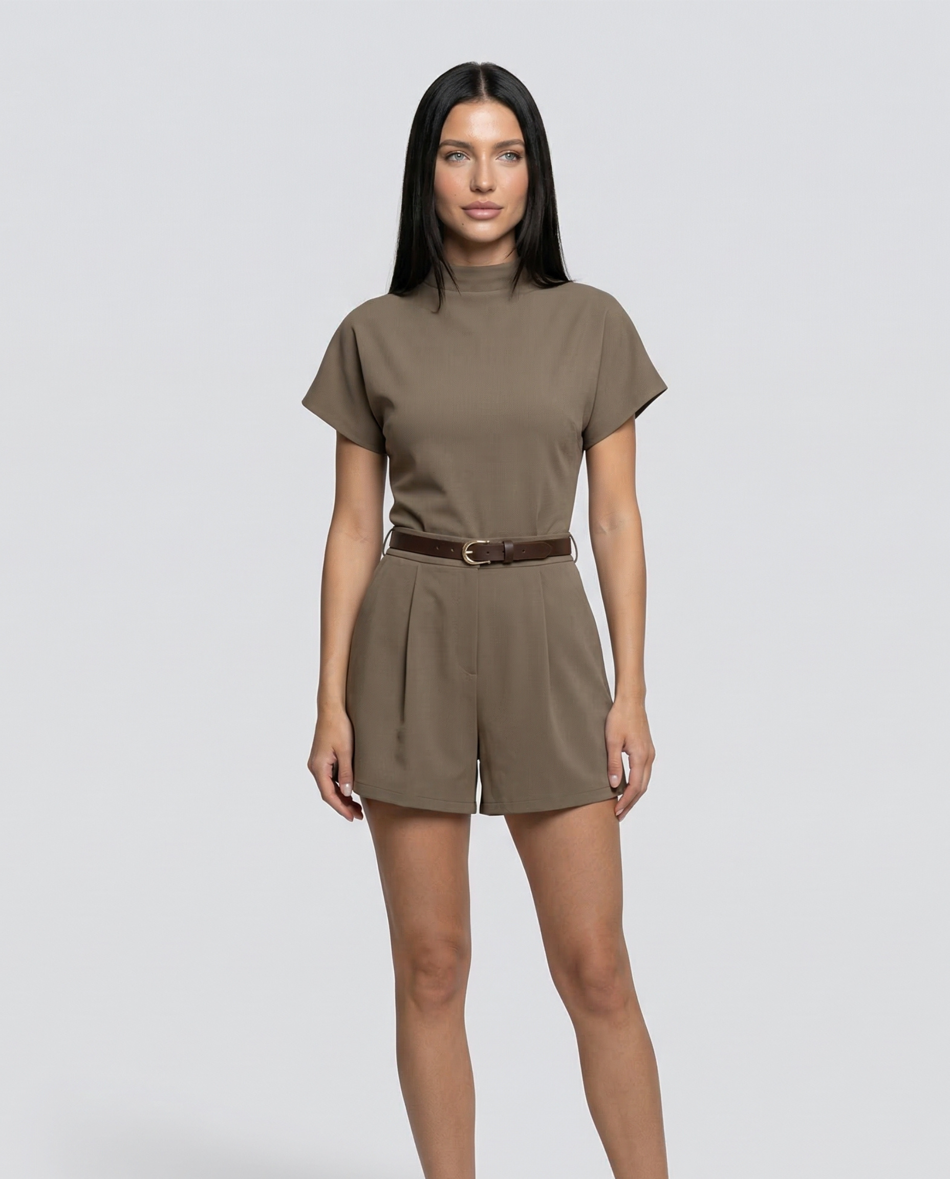 Sarah | Belted High-Neck Short Romper