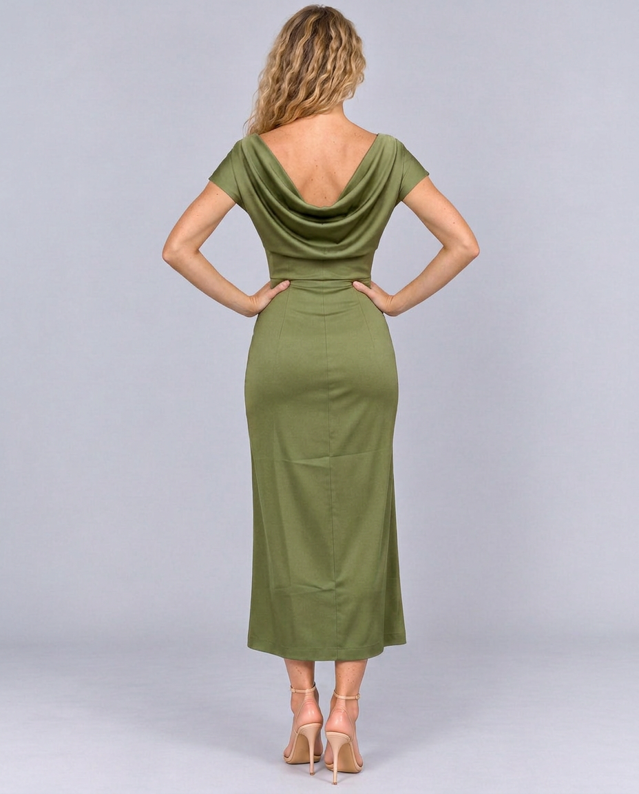 Sienna | Lace-Trim Waterfall Neck Midi Dress