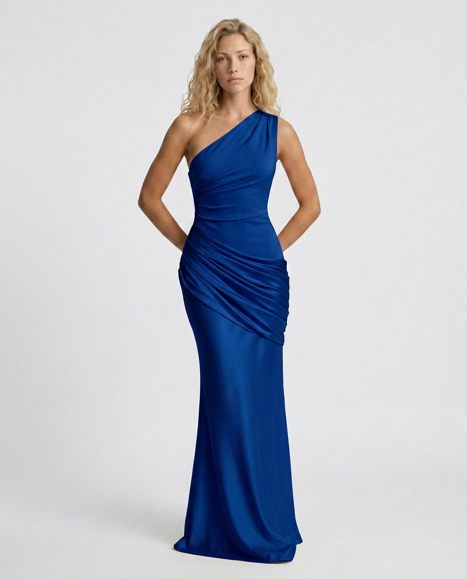 Novie | One-Shoulder Draped Satin Maxi Dress