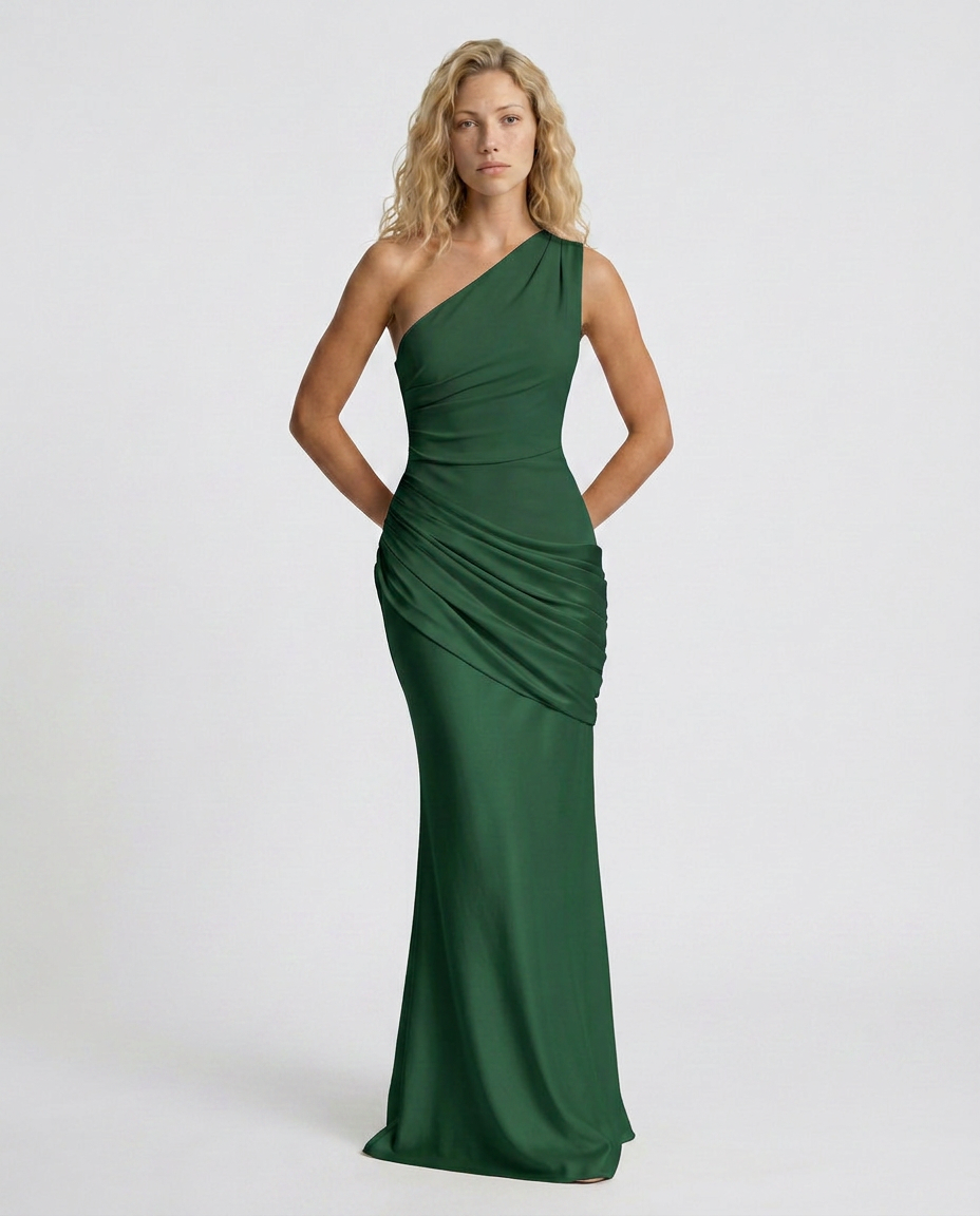 Novie | One-Shoulder Draped Satin Maxi Dress