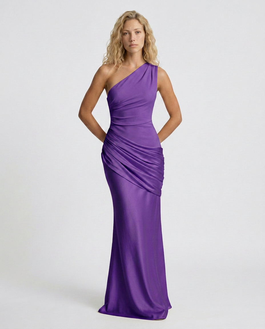 Novie | One-Shoulder Draped Satin Maxi Dress