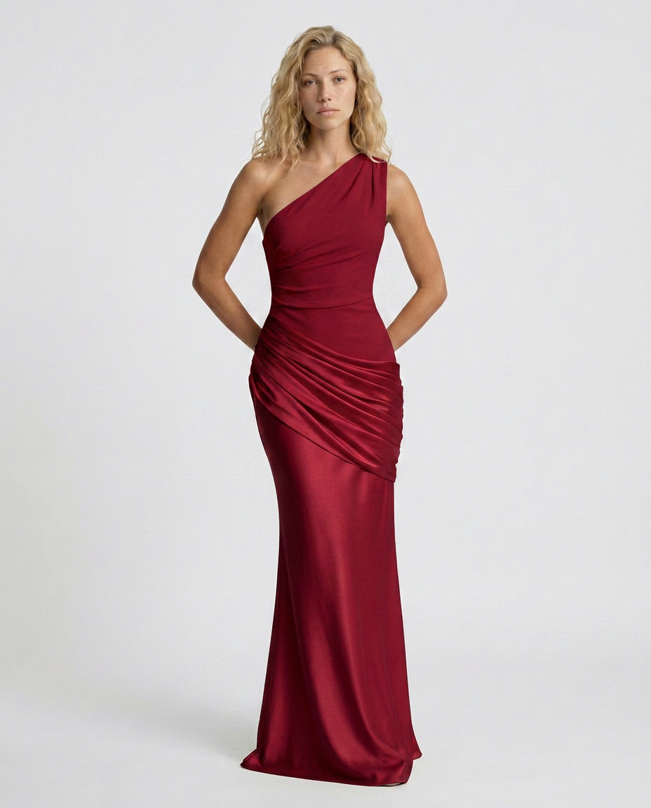 Novie | One-Shoulder Draped Satin Maxi Dress