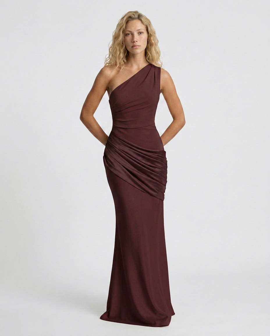 Novie | One-Shoulder Draped Satin Maxi Dress
