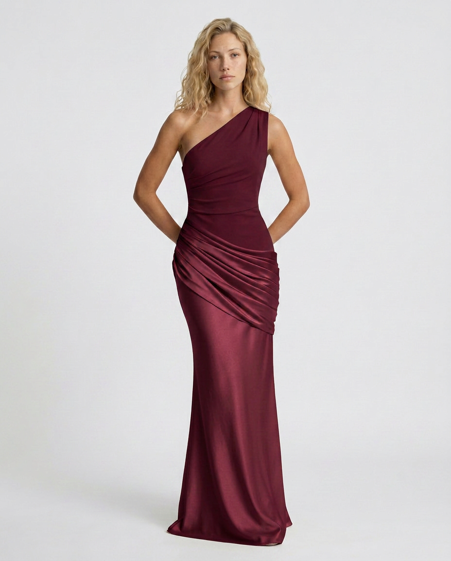 Novie | One-Shoulder Draped Satin Maxi Dress