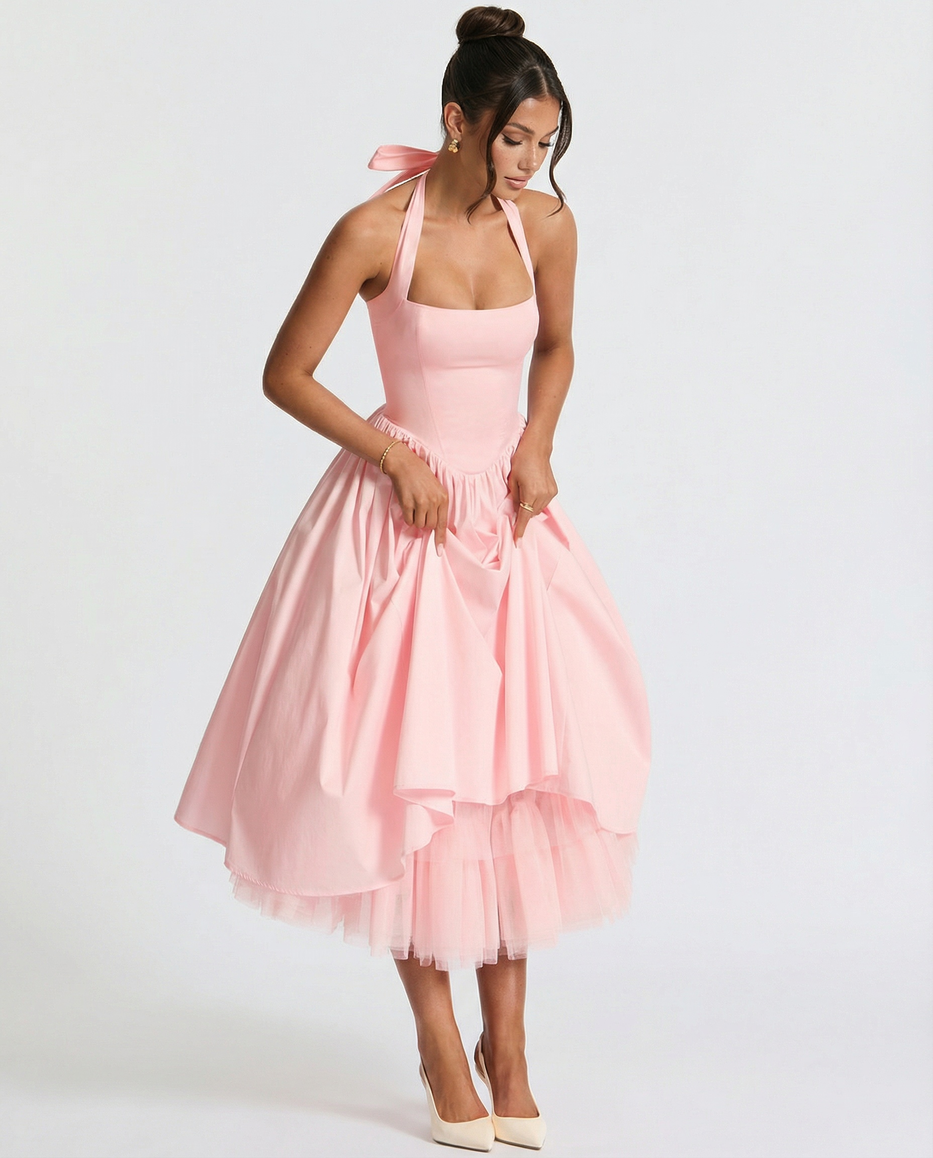 Lena | Midi Halter Neck Lace-Up Back Dress