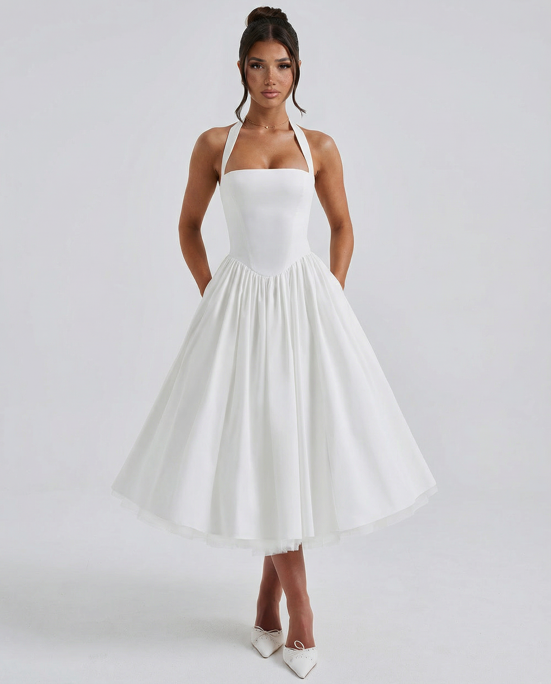 Lena | Midi Halter Neck Lace-Up Back Dress