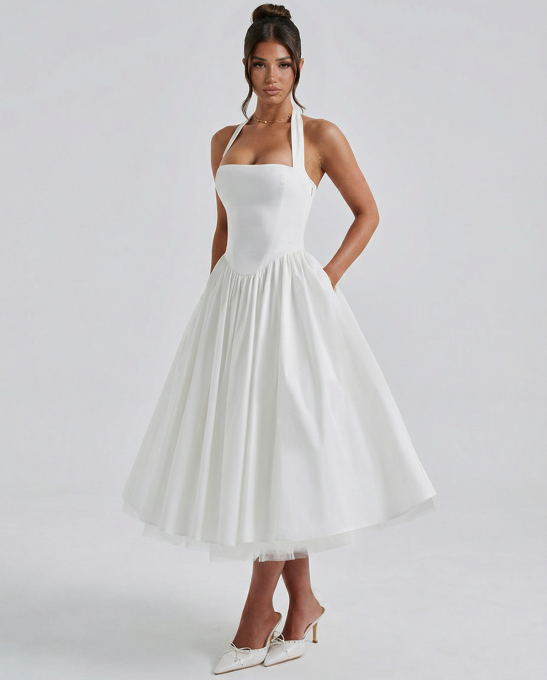 Lena | Midi Halter Neck Lace-Up Back Dress