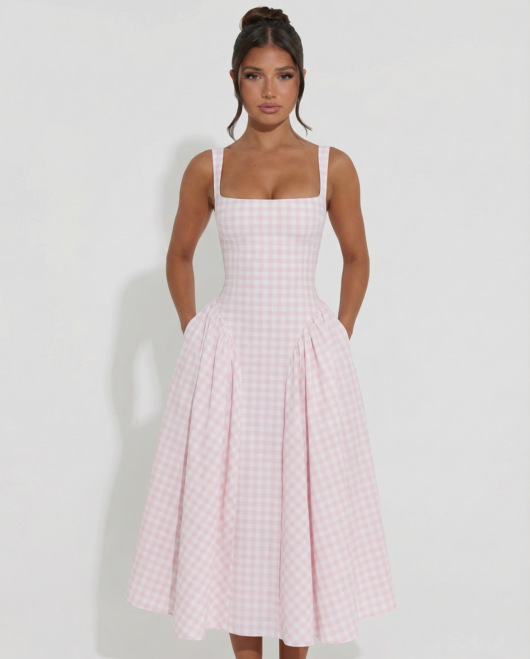 Francesca | Midi Dress with Gingham Corset and Square Neck