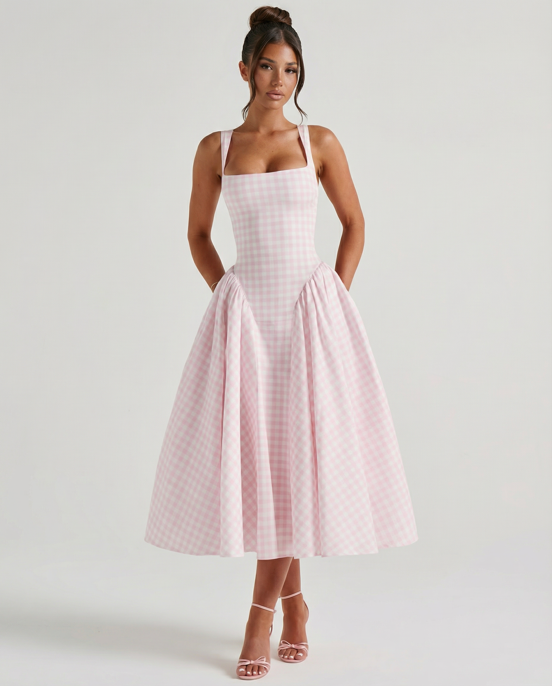 Francesca | Midi Dress with Gingham Corset and Square Neck