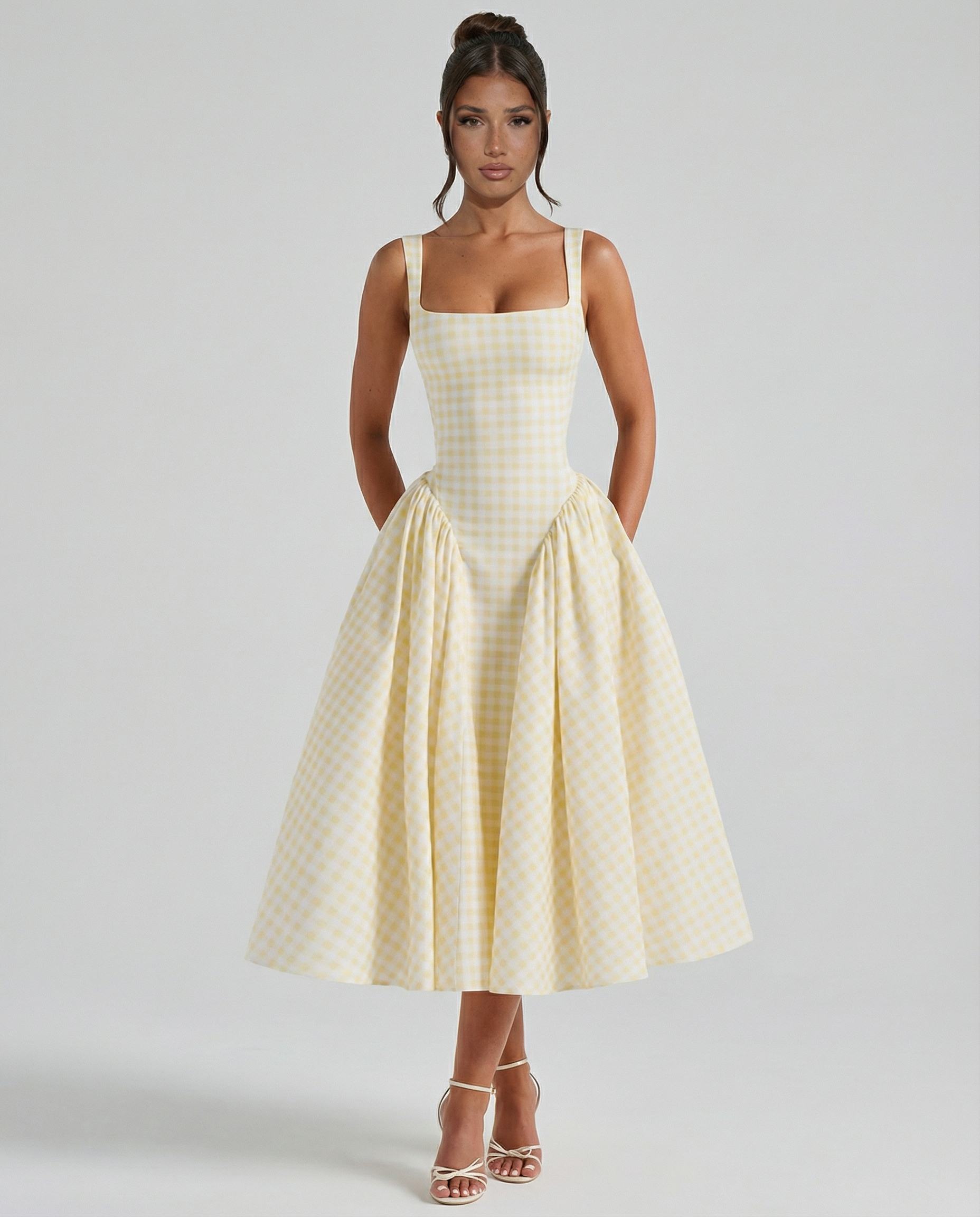 Francesca | Midi Dress with Gingham Corset and Square Neck