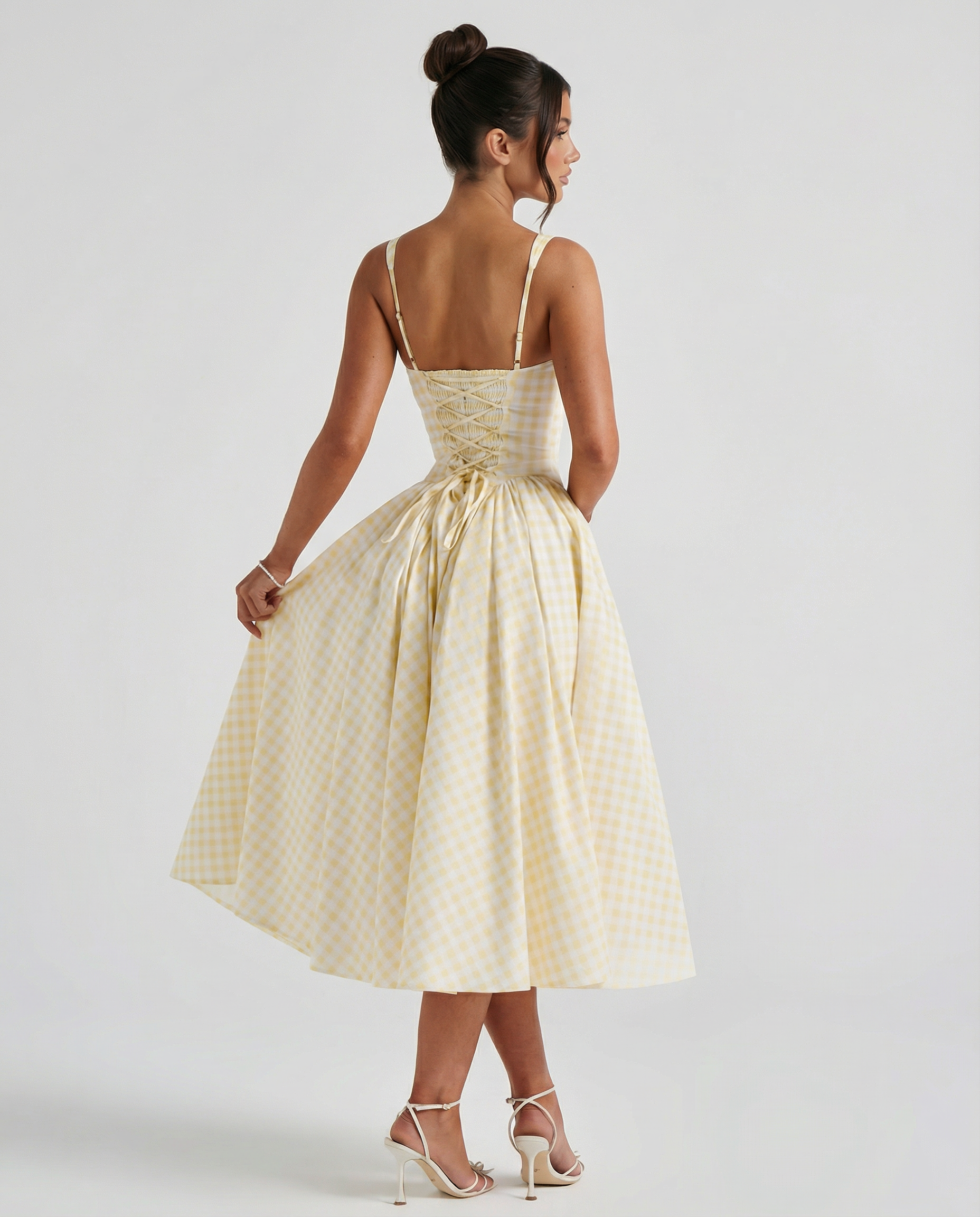 Francesca | Midi Dress with Gingham Corset and Square Neck