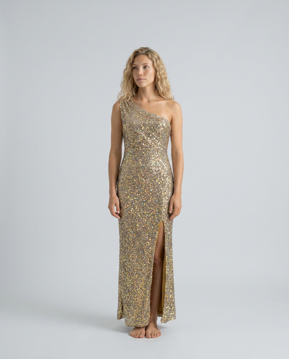 Nadia | Sequined Asymmetric Neck Maxi Dress